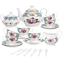 Los mejores  - fanquare 15 Piezas Juegos de Té de Porcelana Inglesa Turquesa- Vintage Juego de Café de Flores Rosas- Servicio de Té de…